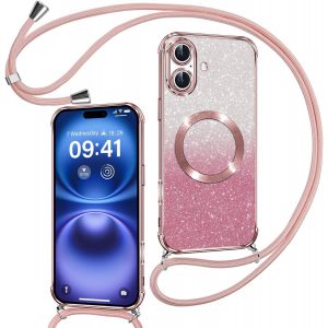 LORANKA-Couqe Magn&eacute;tique pour iPhone 16 Con Cordon, Compatible avec MagSafe, Brillant Glitter Paillet&eacute; Antichoc Durable R&eacute;sistante Etui Housse pour iPhone 16 Bumper, Rose - Neuf