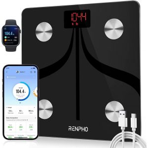 Balance Pèse Personne Rechargeable Usb, Balance Connecté Bluetooth Impedancemetre Avec 13 Données Corporelles (Bmi/Muscle/Eau/Graisse Corporelle), 11""X11¿, 400bl/180kg, Noir - Neuf