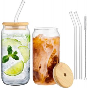 Mevronisshop-Lot De 2 Verres En Forme De Canette De 500 Ml Avec Couvercles En Bambou Et Paille En Verre Pour Caf&eacute;, Cocktail, Whisky, Soda, Bi&egrave;re - Neuf