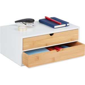 Ulteronixshop-Bo&icirc;te &agrave; tiroirs, Bambou et MDF, Mini-Commode 2 Compartiments, HxLxP : 14x33x21 cm, Organiseur, Nature/Blanc - Neuf