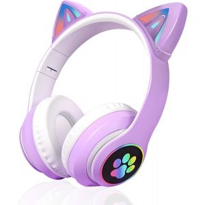AYU-Casque Bluetooth pour Enfants, Pliable Casque Audio Enfant Bluetooth à LED avec Oreilles de Chat, Enfant Casque sans Fil avec Limite de Volume de 85 DB, Cadeau d'anniversaire Idéal -Violet - Neuf