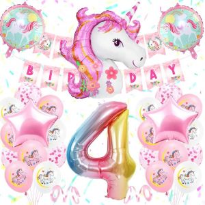 ChicSlick-4 Ans Licorne Décoration Anniversaire Fille, Ballon Avec Birthday Banner, 3D Licorne Foil Ballons, Grand Foil Number 4, Blanc Rose Décoration Bébé[X621] - Neuf