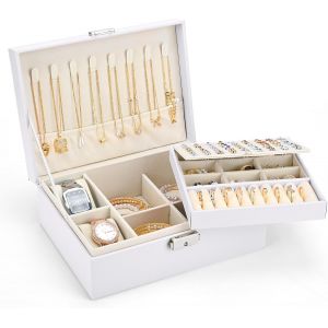 Boîte À Bijoux Pour Femme, Grande Coffret À Bijoux À 2 Couches Avec 2 Coussins De Montre, Cuir Pu Organ Ur De Bijoux De Voyage Pour Boucles Doreilles Bagues Colliers Montre, Blanc Perlé - Neuf