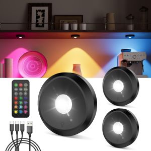 Spot Sans Fil Rechargeable Usb, 2400Mah Lampe De Placard Rgb Avec Telecommande &Eacute;clairage Vitrine Led Couleur Lumiere Cuisine Sous Meuble Autocollant Lampe Sous Etag&egrave;re &Agrave; Piles Veilleuse Tactile Noir - Neuf