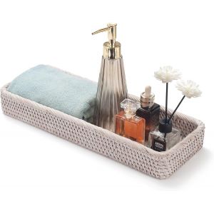 Plateaux Salle de Bain en Rotin, Plateau Rangement Rectangulaire en Osier, Panier de Toilette de Salle de Bain pour l'organisation et la D&eacute;coration (41.5 x 15.5 x 5 cm, Blanc) - Neuf