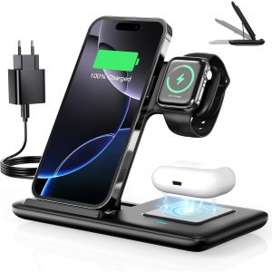 THEF-Station De Charge Induction Pliable 3-en-1,Chargeur sans Fil pour iPhone Différents Modèles Après 8,Chargeur sans Fil pour Samsung,pour Apple Watch 7/6/SE/5/4/3/2/1,pour AirPods Pro/2/3 MagSafe - Neuf