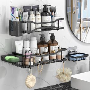 Loc-&Eacute;tag&egrave;re De Douche Auto-Adh&eacute;sive Avec Porte-Savon,&Eacute;tag&egrave;res De Douche En Acier Inoxydable,&Eacute;tag&egrave;res De Salle De Bain Sans Per&ccedil;age,&Eacute;tag&egrave;re De Rangement Pour Salle De Bain Avec Crochets Pour - Neuf