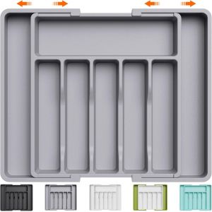 Tianyi-Range Couverts, Plateau D'ustensiles Extensible Pour Tiroir, Organisateur De Tiroir R&eacute;glable Pour La Cuisine, Rangement Compact En Plastique Pour Contenir Des Cuill&egrave;res, Fourchettes, Gris - Neuf
