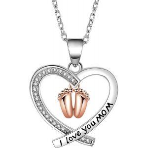 Collier Femme Argent Sterling 925 Coeur Je T'aime Maman En Forme De Coeur Bébé Empreinte Pied Pendentif Collier En Forme De Coeur Strass Collier D'anniversaire Pour - Neuf
