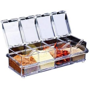 Ensemble De 4 Pots &Agrave; &Eacute;pices Transparents, Comprenant Un Pot &Agrave; Sel Et &Agrave; &Eacute;pices, Un Couvercle Et Une Cuill&egrave;re. - Neuf