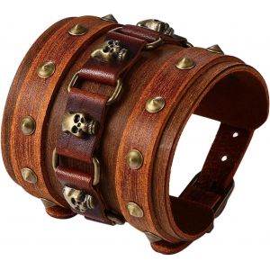 Eryi-Bracelet Manchette Cuir Homme,Bracelet De Force Style Gothique Punk Rock,Bracelet Tête De Mort Homme Avec Rivet Et Bouton,Bracelet Motard Biker Large,Cadeau Pour Homme - Neuf