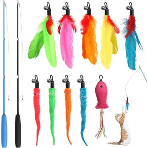 Letnerny-Jouet &Agrave; Plumes Pour Chats, 12 Pi&egrave;ces Jouets Interactifs Pour Chats, 2 R&eacute;tractable Canne A Peche Jouet Avec 10 Plumes De Remplacement Recharges Pour Chat Et Chatons - Neuf