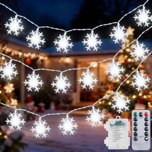 TRAHOO-Guirlande Lumineuse Flocons de Neige 50 LED, 7,5m &agrave; Piles &Eacute;tanche avec T&eacute;l&eacute;commande, 8 Modes pour D&eacute;coration No&euml;l Int&eacute;rieur et Ext&eacute;rieur - Jardin, Terrasse, Cl&ocirc;ture - Neuf