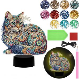 Kal-Diamond Painting Veilleuse Décoration De Table Animaux Peinture Diamant Lampe De Chevet Lampe De Table Led Kit De Décoration Diy 5d Diamant Painting Lampe Pour Enfants Cadeau D'anniversaire (Chat - Neuf