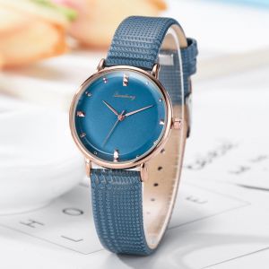 Montre-Bracelet A Quartz Analogique Simple Et Tendance Pour Femme, Cadran Rond, Bracelet En Cuir Pu (Bleu) - Neuf