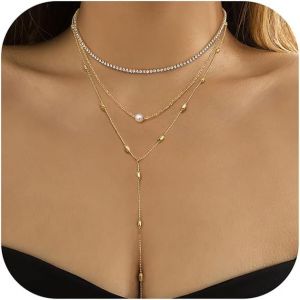 Kal-14k Plaqué Or/Argent Femmes Collier Délicat Cz Empilable Y Collier Mignon Perle Papier Clip Chaîne Pendentif Collier Set - Neuf