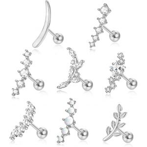 Kal-Bijoux De Piercing Helix, 8 Pièces 16 G En Acier Chirurgical Pour Cartilage De Tragus, Boucles D'oreilles En Forme De Feuille D'opale, Zircon, Pentagramme, Boucles D'oreilles À Dos Plat (Argent) - Neuf
