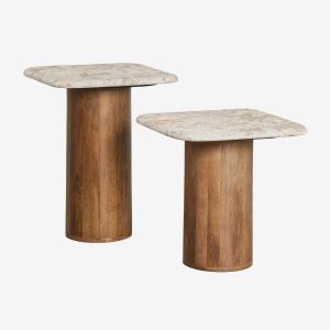 Ensemble de 2 tables basses carr&eacute;es 40x40 cm en marbre et bois de manguier Merieines Poign&eacute;e en bois fonc&eacute; - Neuf