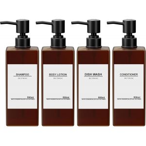 KAL-Lot De 4 Bouteilles De Shampoing À Remplir - 500 Ml - Distributeur De Savon Pour Douche - Distributeur De Savon Ambre Avec 32 Étiquettes Étanches Et Entonnoir - Distributeur De Pompe En Plastique - Neuf
