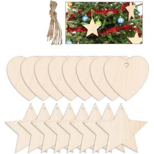100 Pièces en Bois, Décorations de Noël avec de la Corde, en Bois, des décorations de Noël en Bois de Coeur et des Étoiles en Bois Tranches de Fait de Flocon de neige de Décoration de Noël, Ornement - Neuf