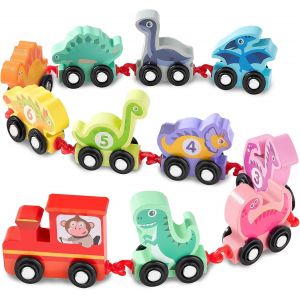 KAJGL-Train En Bois Dinosaure Jouet Numéro 1-10 Véhicules Pour Enfants Montessori Voiture Jouet De Motricité Compatibles Avec La Plupart Des Circuit Cadeaux De Noël Pour Garçons Filles 1 2 3 Ans - Neuf