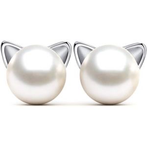 Senior-8mm Boucle D Oreille Perle De Culture Argent 925, Boucle D'oreille Perle Blanche Pour Femme Or Rose, Boucle D Oreille Femme Enfant Fille Argent, Boucle D'oreille Chat[L1303] - Neuf