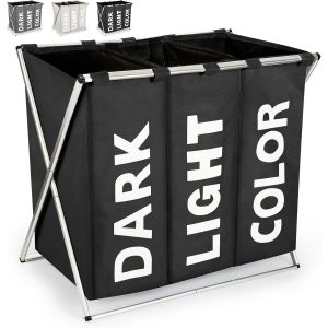 MEVRONISSHOP-Panier &agrave; Linge 3 Compartiments 100L Panier &agrave; Linge Pliable Triple X-Frame Tissu Oxford 600D avec Housse en Maille &agrave; Cordon &agrave; 2 anses pour Maison V&ecirc;tements Rangement(Noir) - Neuf