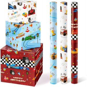 Rouleaux De Papier Cadeau Voiture De Course - 3 Rouleaux Courts Papier Cadeau D'anniversaire Pour Enfants Garçons Emballage Cadeau Fête Hot Wheel Rouge Bleu Blanc Avec Ligne Découpe 43cm X 3m - Neuf
