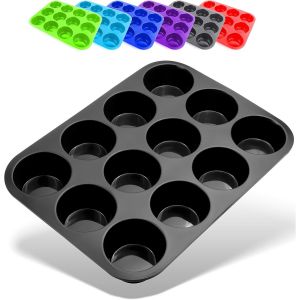 KAL-Moule À Muffins Pour 12 Muffins En Silicone Anti-Adhésif, Cupcakes, Brownies, Gâteaux, Pudding Noir - Neuf