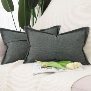 Cauc-Lot De 2 Doux Housses De Coussin En Lin Avec Bordure Large D&eacute;coratif Coussin Couvre Style De Luxe Pour Canap&eacute; De Chambre Gris Fonc&eacute; 40x60 Cm - Neuf