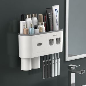 Porte-brosse à dents mural avec double distributeur automatique de dentifrice, 2/3 tasses (gris, 2 distributeurs de dentifrice, 2 tasses) - Neuf