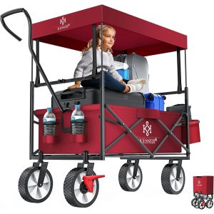 Chariot De Transport Pliable Avec Toit | Charrette À Bras | Chariot À Roulettes | Remorque De Transport | 2 Poches En Mesh Et Une Poche Extérieure Fournies | Pliable (Marine Bleu) - Neuf