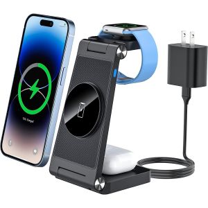 3 En 1 Chargeur Sans Fil Pour Appareils Apple Multiples, Station De Charge Magn&eacute;tique Pliable, Charge De Voyage Pour Iphone 15/14/13, Airpods 3/2/Pro/Pro2, Iwatch(Adaptateur Inclus) Noir - Neuf