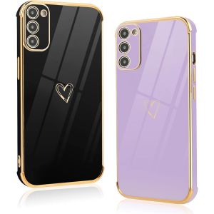 TRAHOO-[2 Packs Coque pour Samsung Galaxy S20 FE 5G, Silicone Antichoc Housse, Étui avec Motif Coeur et Bordure Dorée pour Samsung S20 FE 5G 6.5"", Noir et Violet - Neuf