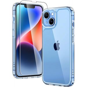 Brs-Coque Pour Iphone 14 Plus Avec Protection D'écran En Verre Trempé, Protection Militaire,Coque Bumper Transparente Antichoc - Transparent - Neuf