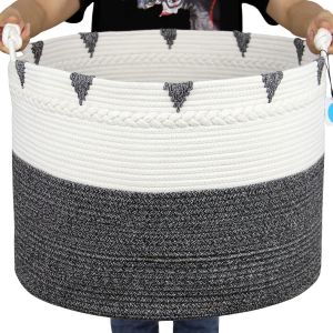 Checarzhn--No1-Grand Panier À Couvertures De 55,9 X 40,6 Cm, Paniers Tissés Bohèmes Pour Oreillers, Corde De Coton, Rangement Pour Serviettes, Organ Ur Rond, Pliable, Panier Tissé Décoratif Pour Salon - Neuf