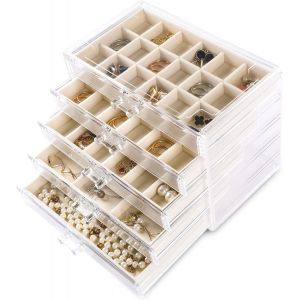Bo&icirc;te De Rangement En Acrylique Transparent Pour Bijoux Et Boucles D'oreilles Avec 5 Tiroirs Et Plateaux En Velours Pour Femme - Pour Bagues Et Clous D'oreilles, Rose - Neuf
