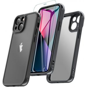 Mat Coque pour iPhone 13 avec Verre Tremp&iquest;&iquest;, Antichoc Militaire Protection Translucide Housse Anti-Rayures pour iPhone 13 6.1 Pouces - Noir - Neuf