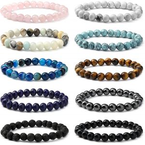 Eryi-10 Pièces Bracelet Pierre Naturelle Pour Femmes Hommes - Perle Quartz Rose Amethyste Agate Rouge Noir Onyx Hématite Oeil De Tigre - Couples Stretch - Neuf