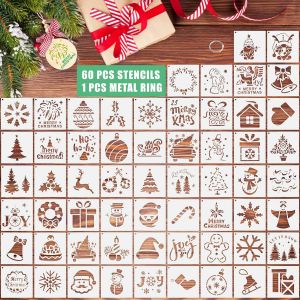 JEXNOVASHOP-Pochoirs de No&euml;l, 60Pcs Pochoirs de Peinture de Dessin P&egrave;re No&euml;l Sapin Flocons de Neige Bonhomme de Neige R&eacute;utilisable Mignon Pochoir D&eacute;coration pour Bois Fen&ecirc;tre Mur Cartes Scrapbooking - Neuf