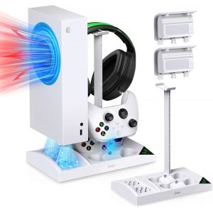 Support Vertical Compatible Avec Xbox Series S, Ventilateur De Refroidissement & Dual Chargeur Station De Controller Pour Xbox Series S Avec 2 X 1400 Mah Batteries Rechargeables Et Support Casque - Neuf
