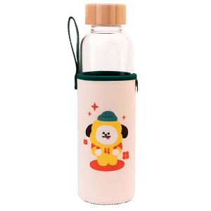 Gourde En Verre 500ml R&eacute;utilisable Motif Chimmy Avec &Eacute;tui Line Friends Bt21 Blanc / Vert - Neuf