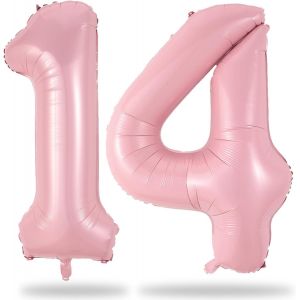 SJZG-Ballon D'Anniversaire En Forme De Chiffre De 14 Ans - Taille Xxl - Rose Clair - Ballon En Aluminium - Vole &Agrave; L'H&eacute;lium - D&eacute;coration D'Anniversaire Pour Fille Du 14E Anniversaire - Rose Pastel - Neuf