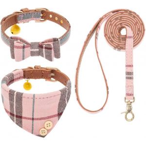 Ensemble Collier Et Laisse Pour Chien - Noeud Papillon Classique &Agrave; Carreaux Et Collier Bandana Pour Chien Avec Jolie Clochette, Laisse Sans Noeuds, Collier R&eacute;glable Pour Chiots Et Chats De - Neuf