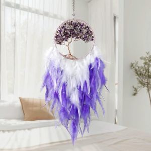 Attrape-rêves mur de cristal fait à la main, l'arbre de vie circulaire avec des plumes, de décoration traditionnelle de bohême à la maison - Neuf