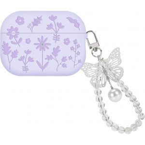 Coque Compatible avec Airpods Pro/Pro 2 G&eacute;n&eacute;ration avec Porte-cl&eacute;s, Housse en Silicone avec Fleurs Grav&eacute;es Design pour Femmes, &Eacute;tui de Protection Antichoc Anti-Rayures Anti-poussi&egrave;re, Violet - Neuf