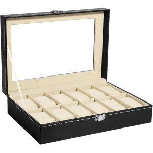 Kal-Boîte À Montres Avec 12 Compartiments, Écrin À Montres Pour Hommes, Vitrine De Montres, Boîte De Rangement Pour Montres Avec Coussin Amovible, Fermoir En Métal, Cuir Pu, Noir - Neuf