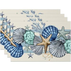 ERYI-Lot De 4 Sets De Table En Lin Lavables Motif Coquillages Et Étoiles De Mer 45 X 30 Cm - Neuf