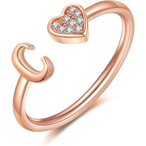 Kal-Bague Femme Or Argent Rose Or Coeur Bague Avec Initiale Lettres Enfant Fille Plaqué Or Reglable Ajustable A-Z Collier Femme Bague Fiançailles Accessoires Mode Contemporains Boîte Cadeau - Neuf