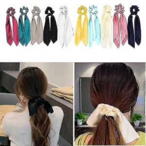 10 Couleurs Soie Satin Cheveux Chouchous Foulard Pour Cheveux Avec Noeud Soie Élastique Bandes De Cheveux - Neuf